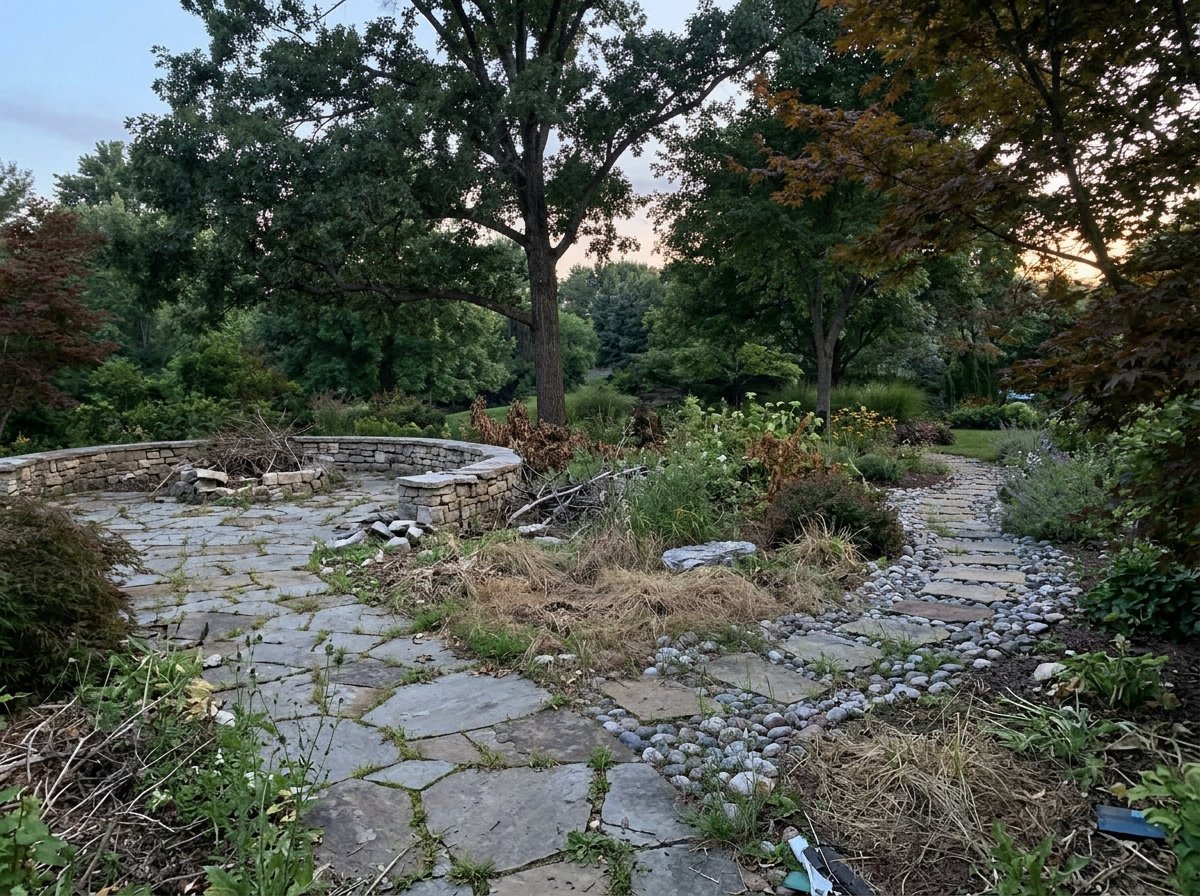 Overgrown garden before landscaping